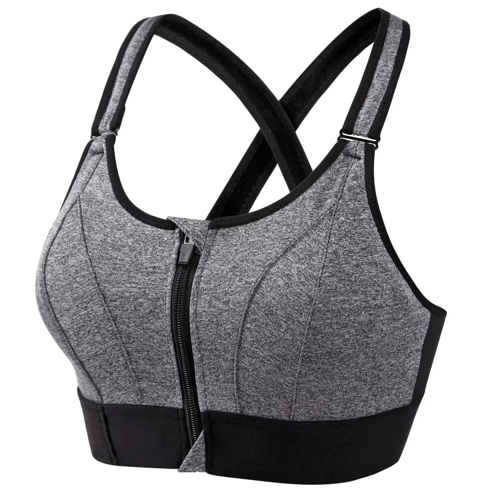 Zip-Front Sports Bra for Women – Adjustable Straps, High-Impact Shockproof Support, Slim Fit Yoga Crop Top