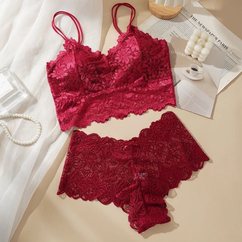 Women's Lace Bra & Panty Set – Wire-Free Solid Color Lingerie with Open-Back Design
