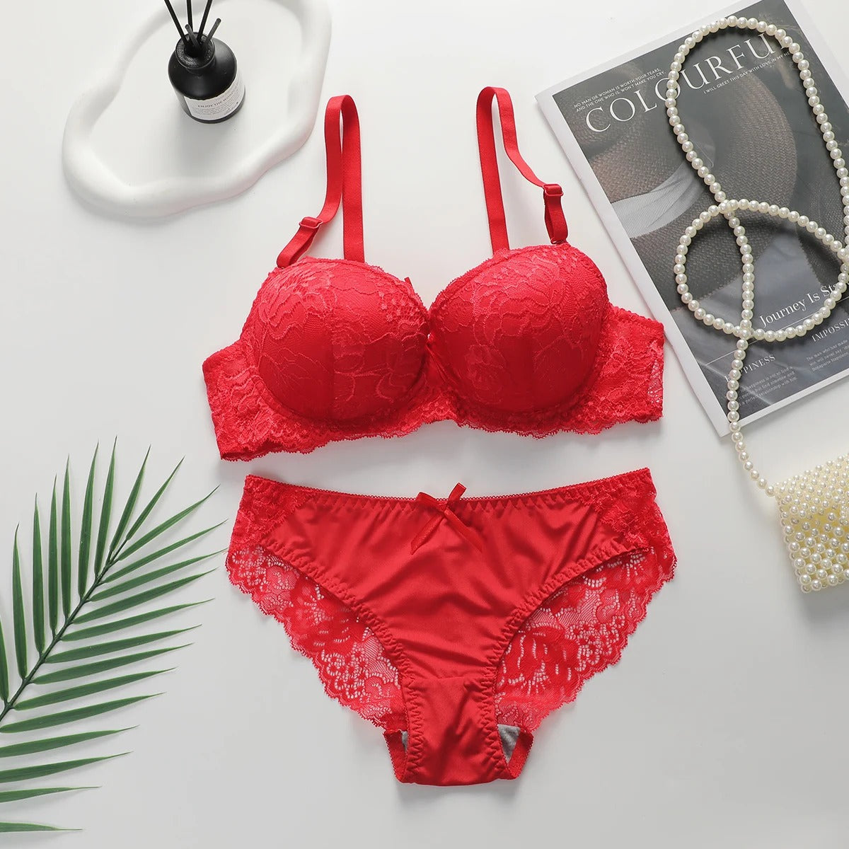 Women's 2-Piece Floral Lingerie Set – Push-Up Gathering Bra & Panty Set, Multi-Color