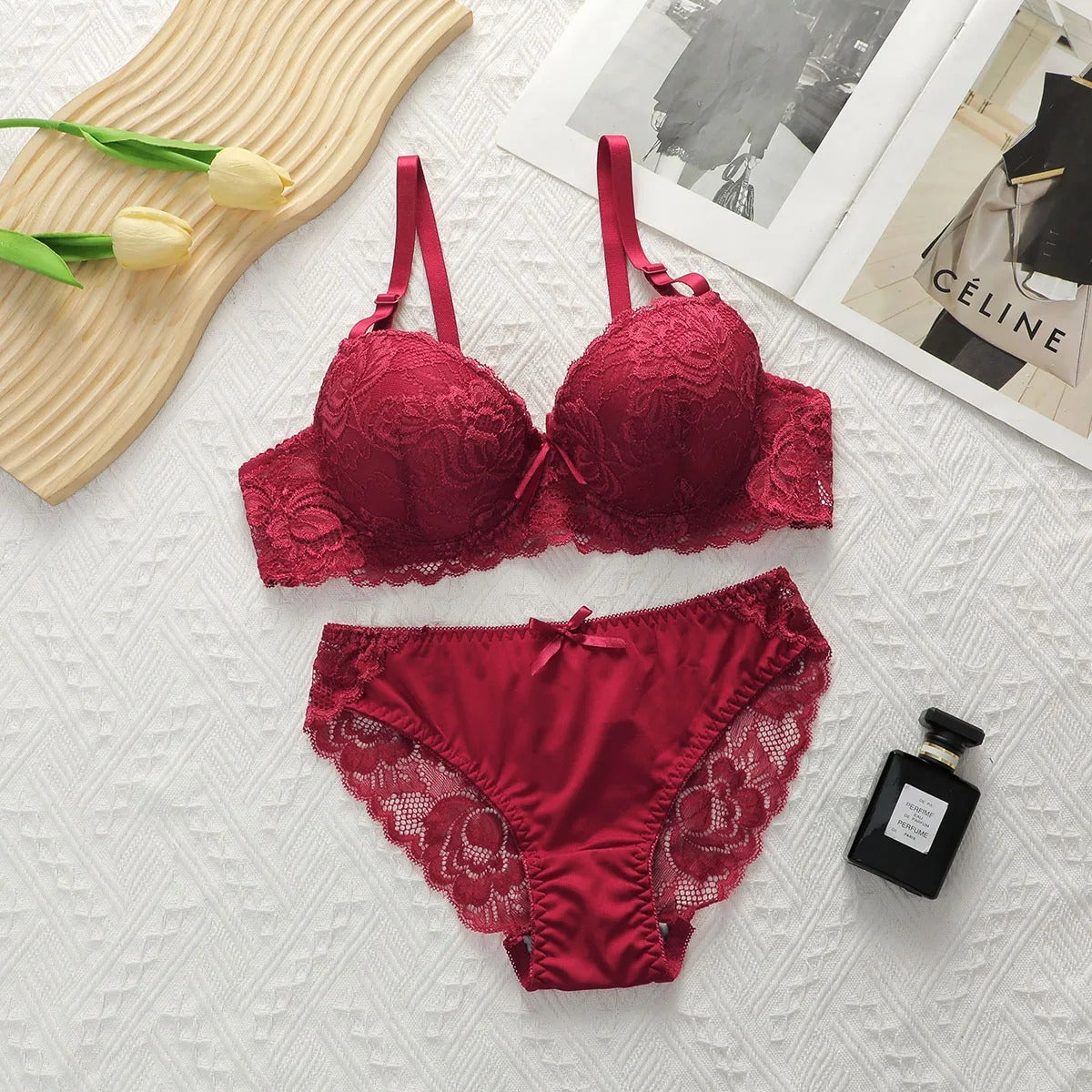Women's 2-Piece Floral Lingerie Set – Push-Up Gathering Bra & Panty Set, Multi-Color