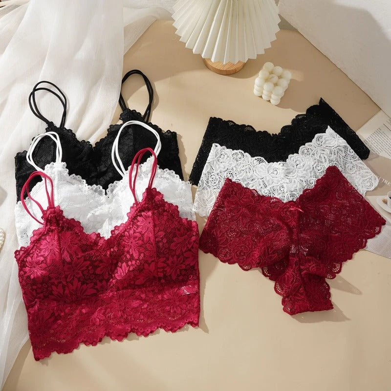 Women's Lace Bra & Panty Set – Wire-Free Solid Color Lingerie with Open-Back Design