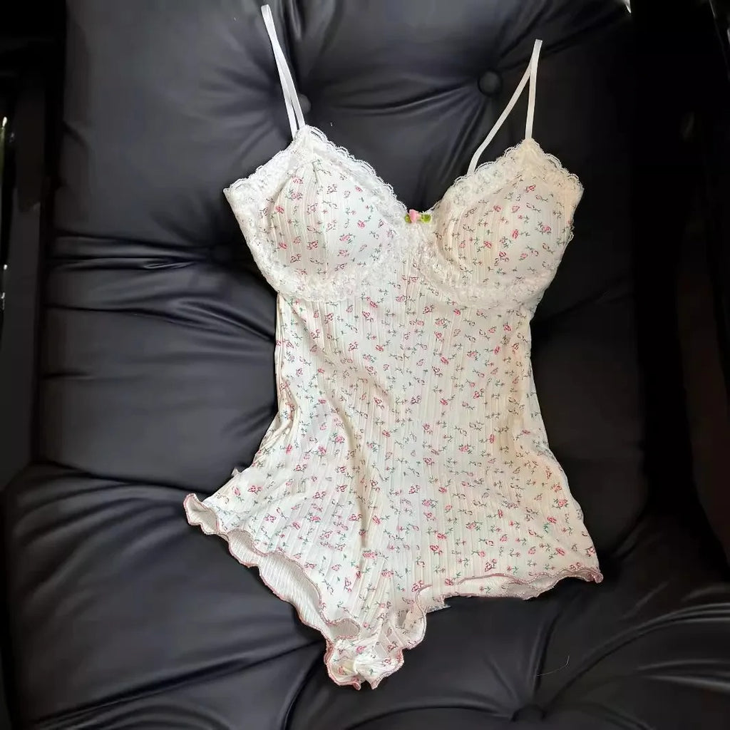 Women's Floral Print Bodysuit – Lace-Trim Sleeveless Leotard, Summer Romper Nightwear