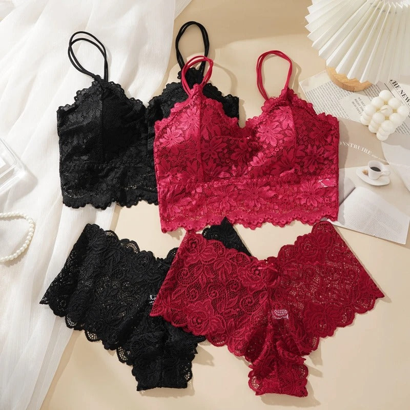 Women's Lace Bra & Panty Set – Wire-Free Solid Color Lingerie with Open-Back Design