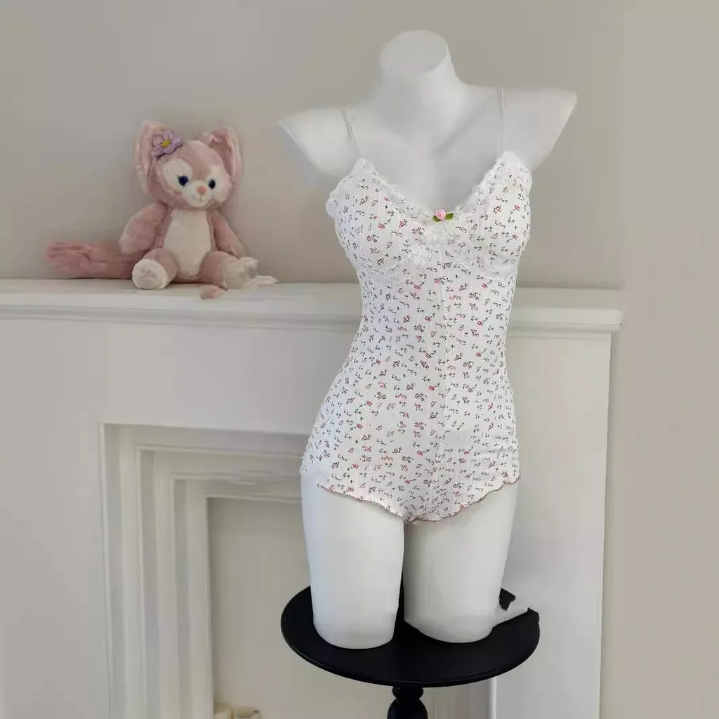 Women's Floral Print Bodysuit – Lace-Trim Sleeveless Leotard, Summer Romper Nightwear