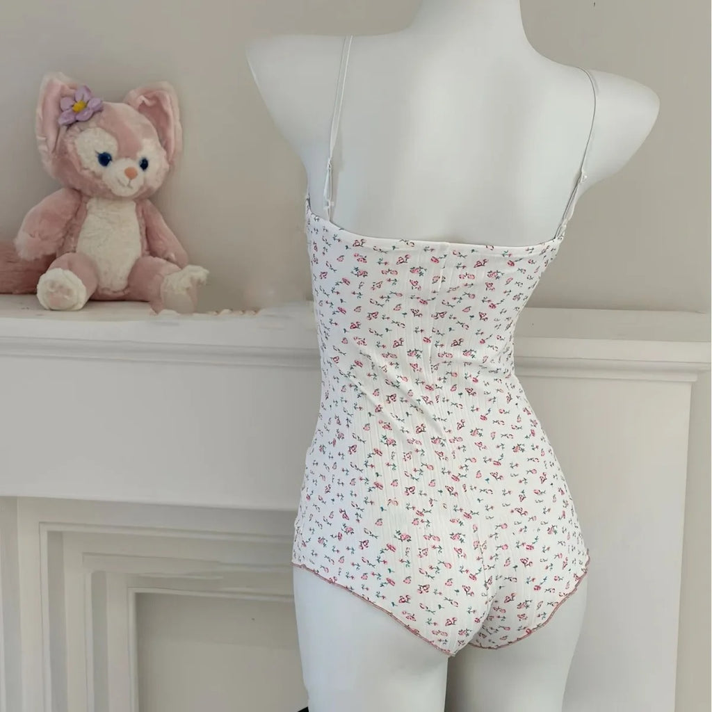 Women's Floral Print Bodysuit – Lace-Trim Sleeveless Leotard, Summer Romper Nightwear