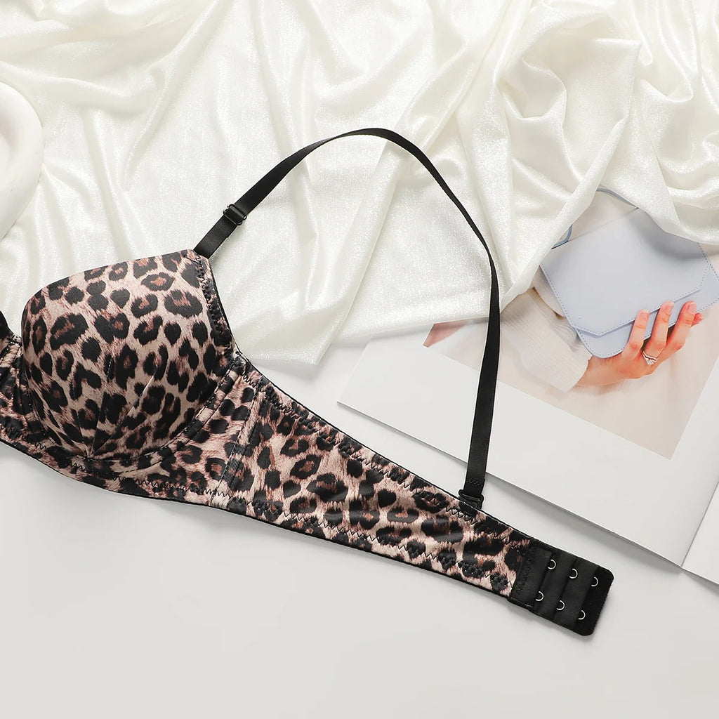 Women's Leopard Print Lingerie Set – 3/4 Cup Push-Up Bra with Matching Thong