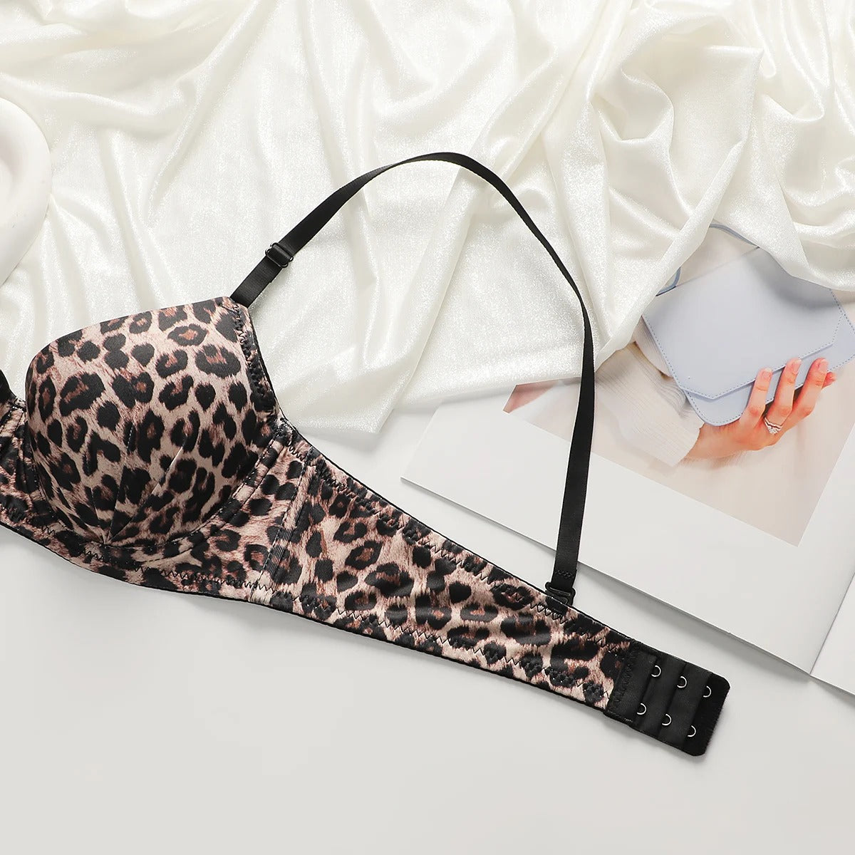 Women's Leopard Print Lingerie Set – 3/4 Cup Push-Up Bra with Matching Thong