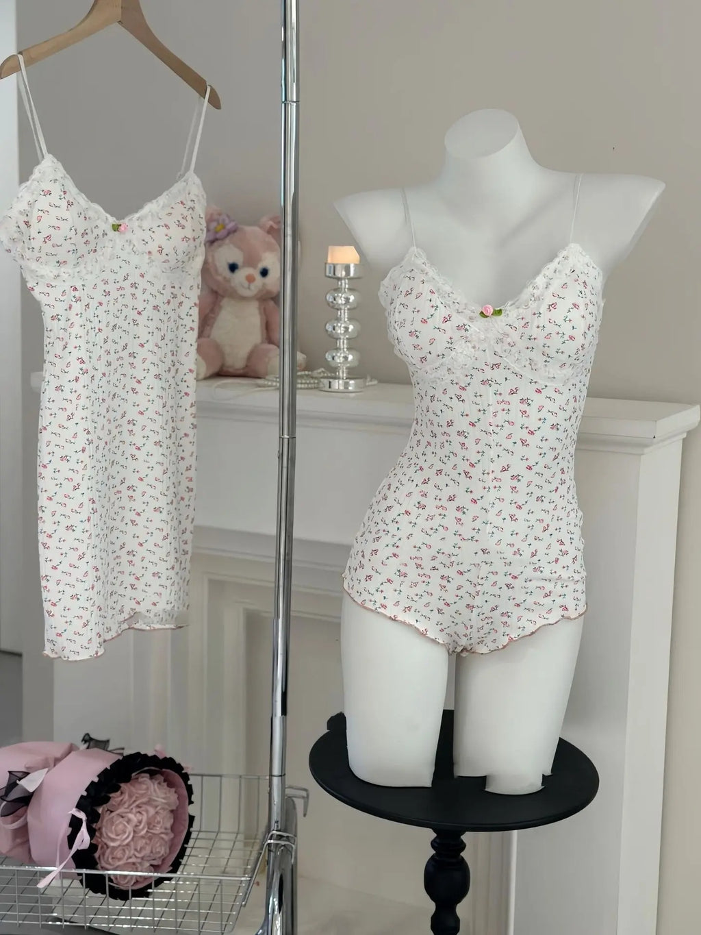 Women's Floral Print Bodysuit – Lace-Trim Sleeveless Leotard, Summer Romper Nightwear