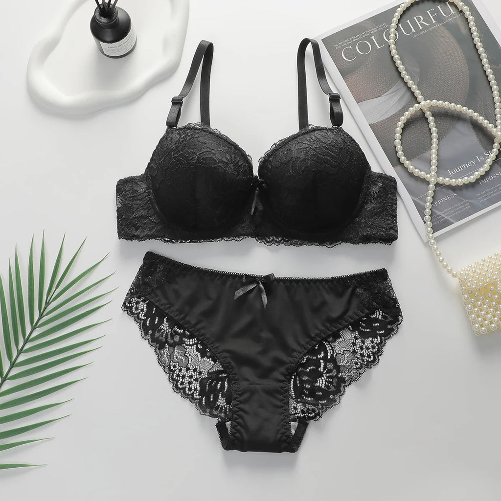 Women's 2-Piece Floral Lingerie Set – Push-Up Gathering Bra & Panty Set, Multi-Color