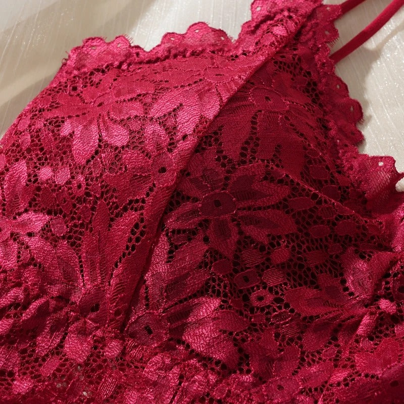 Women's Lace Bra & Panty Set – Wire-Free Solid Color Lingerie with Open-Back Design