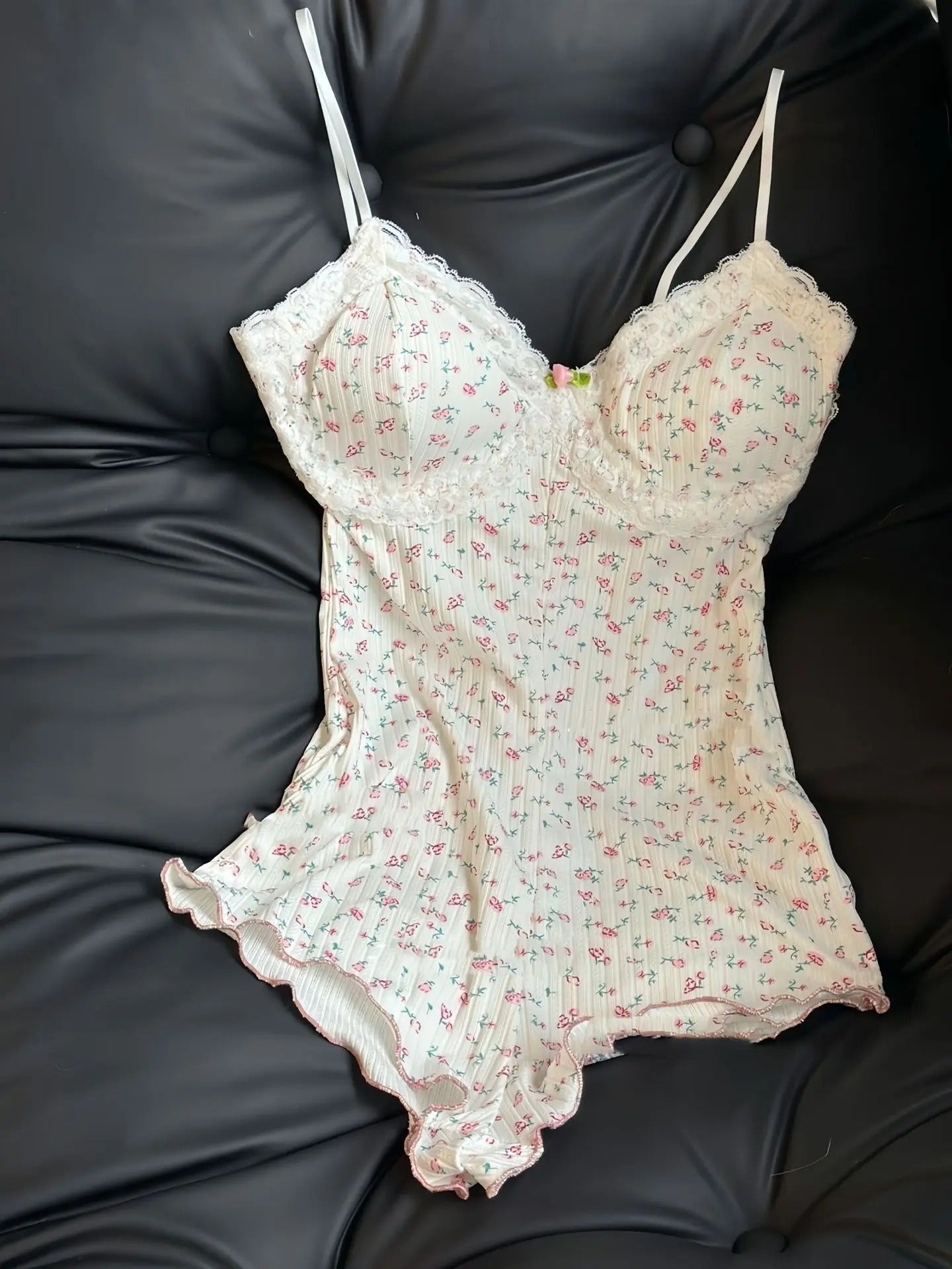 Women's Floral Print Bodysuit – Lace-Trim Sleeveless Leotard, Summer Romper Nightwear