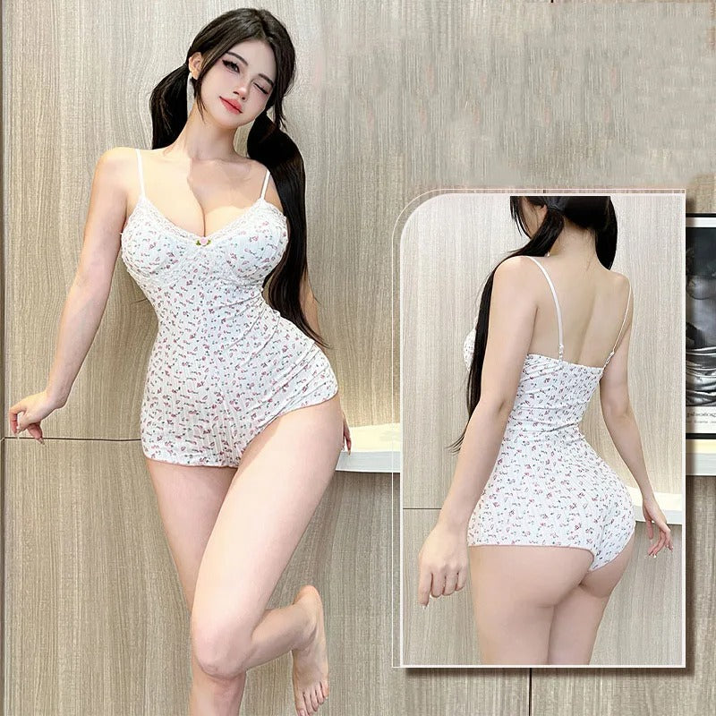 Women's Floral Print Bodysuit – Lace-Trim Sleeveless Leotard, Summer Romper Nightwear