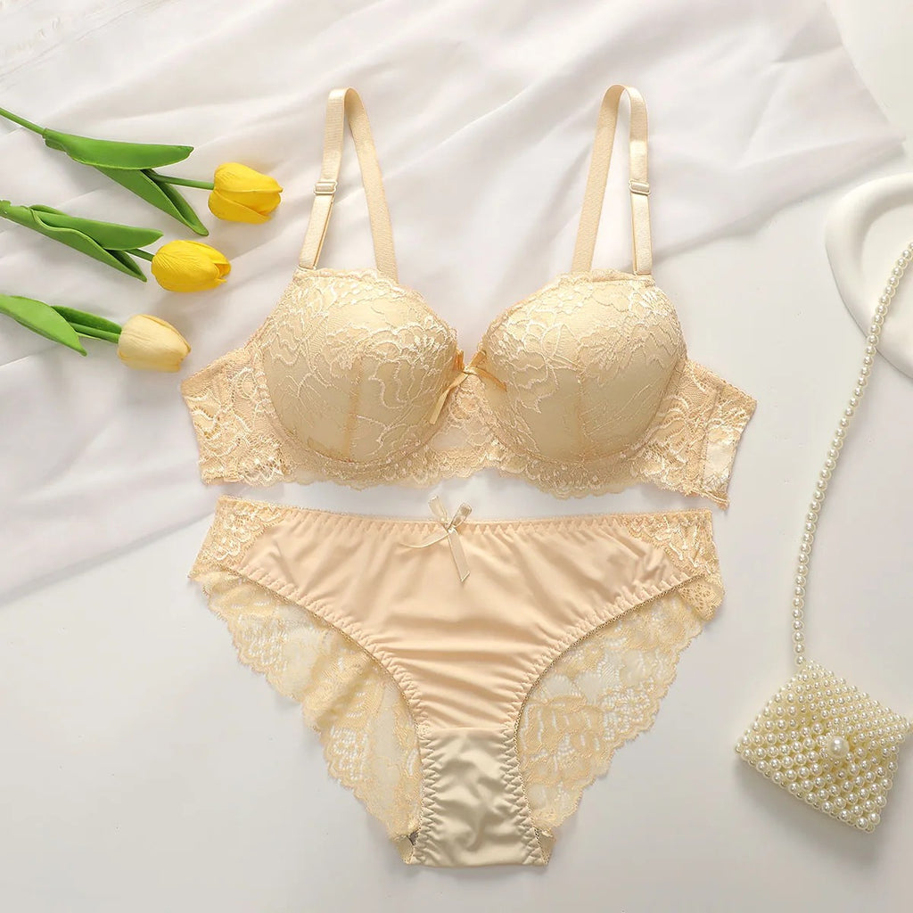 Women's 2-Piece Floral Lingerie Set – Push-Up Gathering Bra & Panty Set, Multi-Color