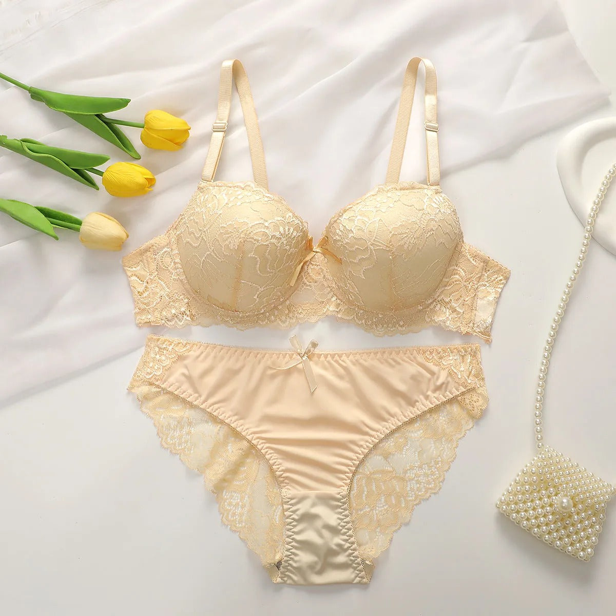Women's 2-Piece Floral Lingerie Set – Push-Up Gathering Bra & Panty Set, Multi-Color