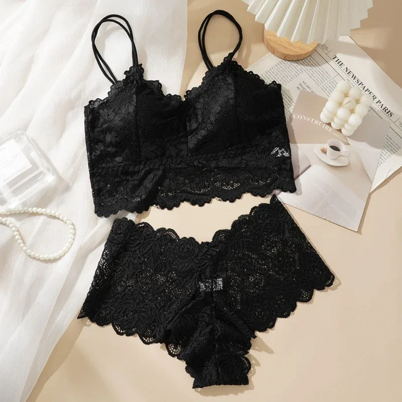 Women's Lace Bra & Panty Set – Wire-Free Solid Color Lingerie with Open-Back Design