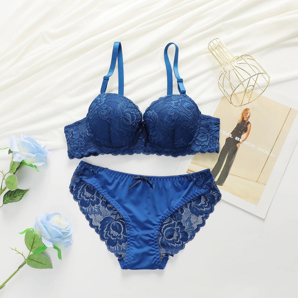 Women's 2-Piece Floral Lingerie Set – Push-Up Gathering Bra & Panty Set, Multi-Color