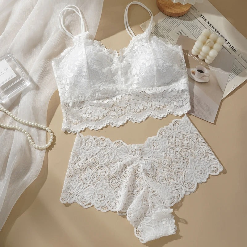 Women's Lace Bra & Panty Set – Wire-Free Solid Color Lingerie with Open-Back Design